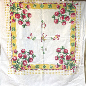 Vintage Printed Tablecloth Lucky 4 Leaf Clovers Startex 31.25" x 26.5"